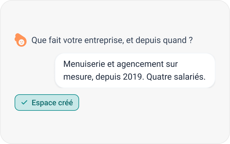 Étape 1 : Angel demande ce que fait votre entreprise, espace créé