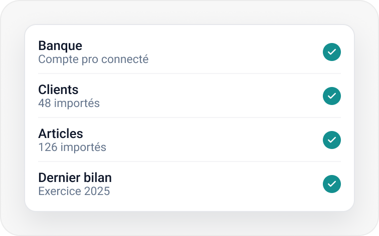 Étape 2 : banque, clients, articles et dernier bilan importés